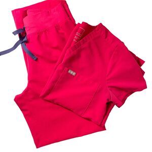 FIGS Catarina Top High Waist Livingston Pant Scrub Set Bright Pink Navy XSP